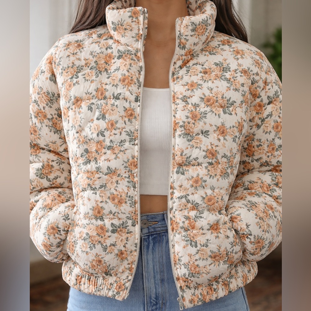 Floral Quilted Puffer Jacket - Cream with Peach Roses